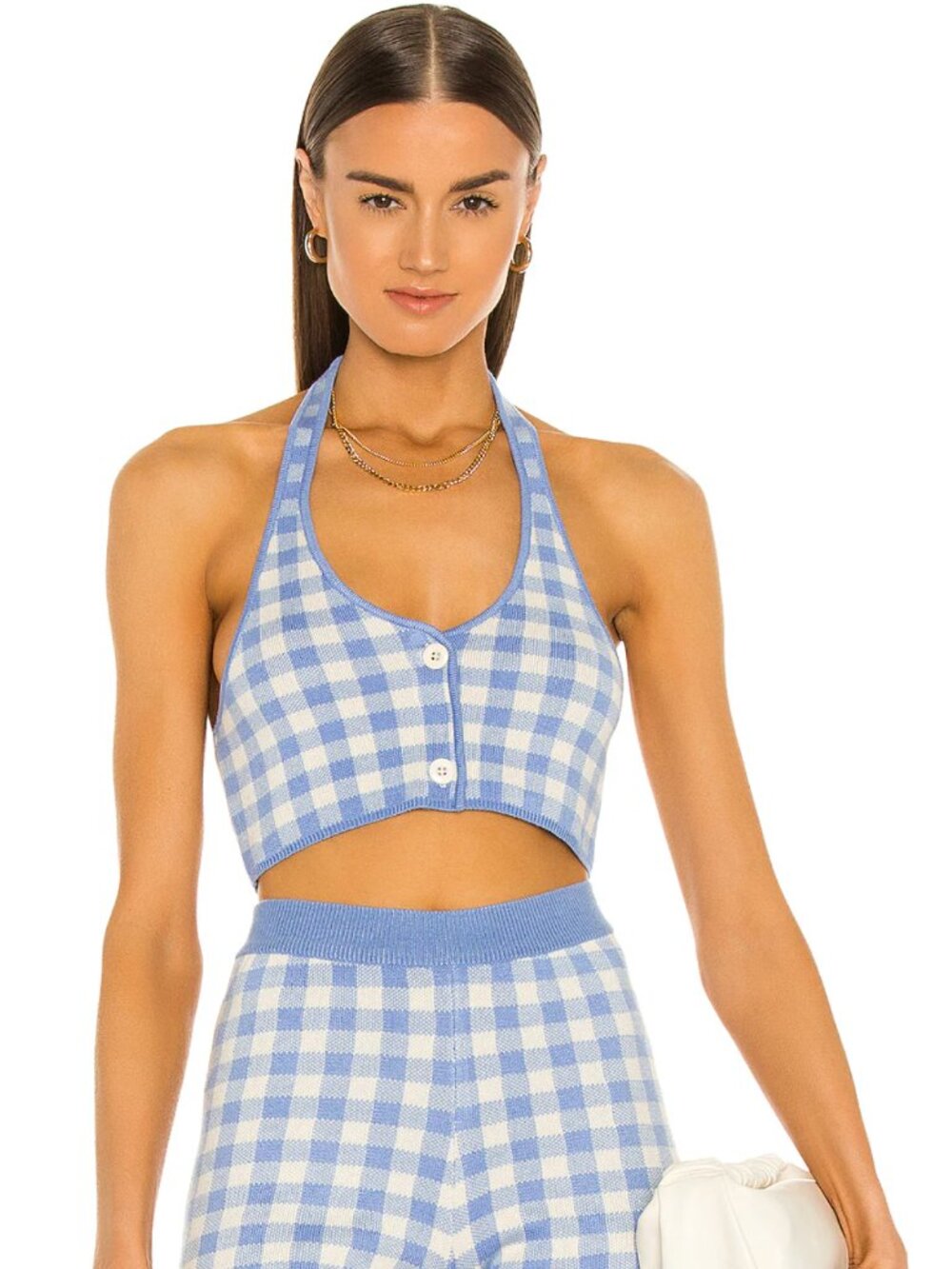 MAJORELLE | Addy Cropped Halter Top in Baby Blue & White